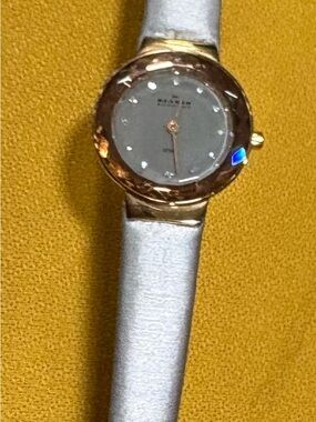 Skagen Silver Leather Strap Watch with Rose Gold Case